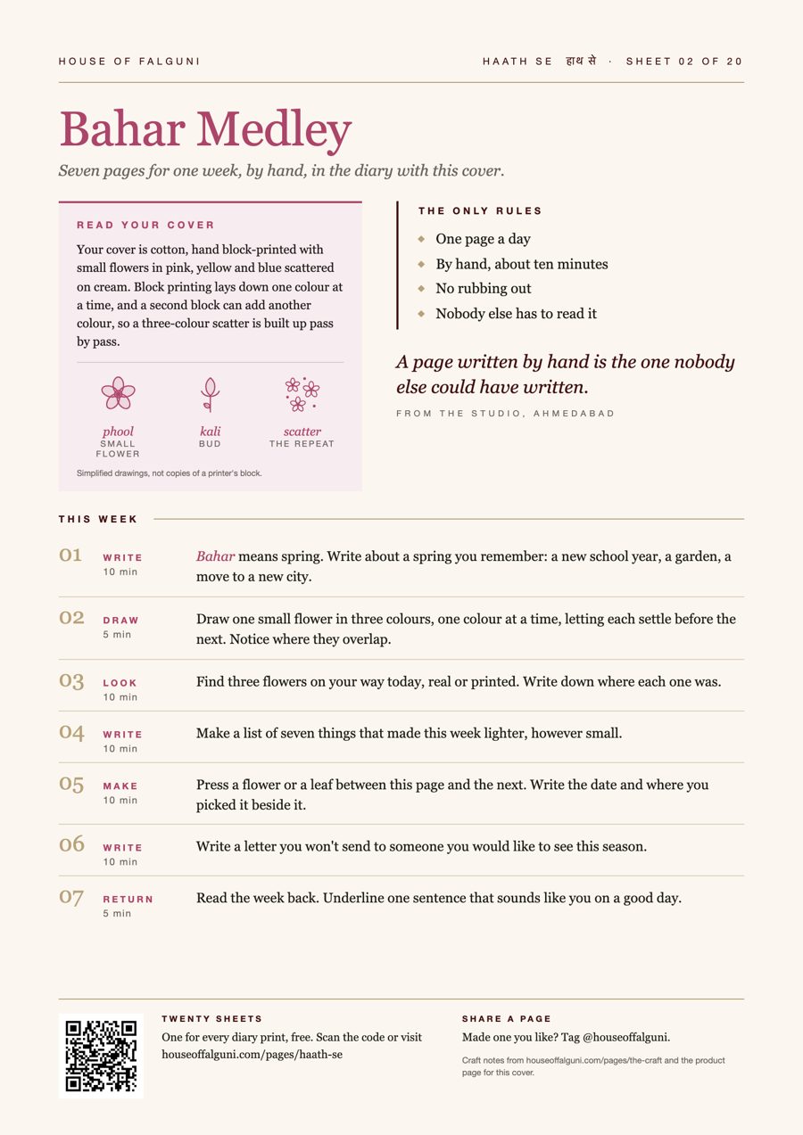 Haath Se prompt sheet 02, Bahar Medley: seven journaling prompts for the Bahar Medley block print diary