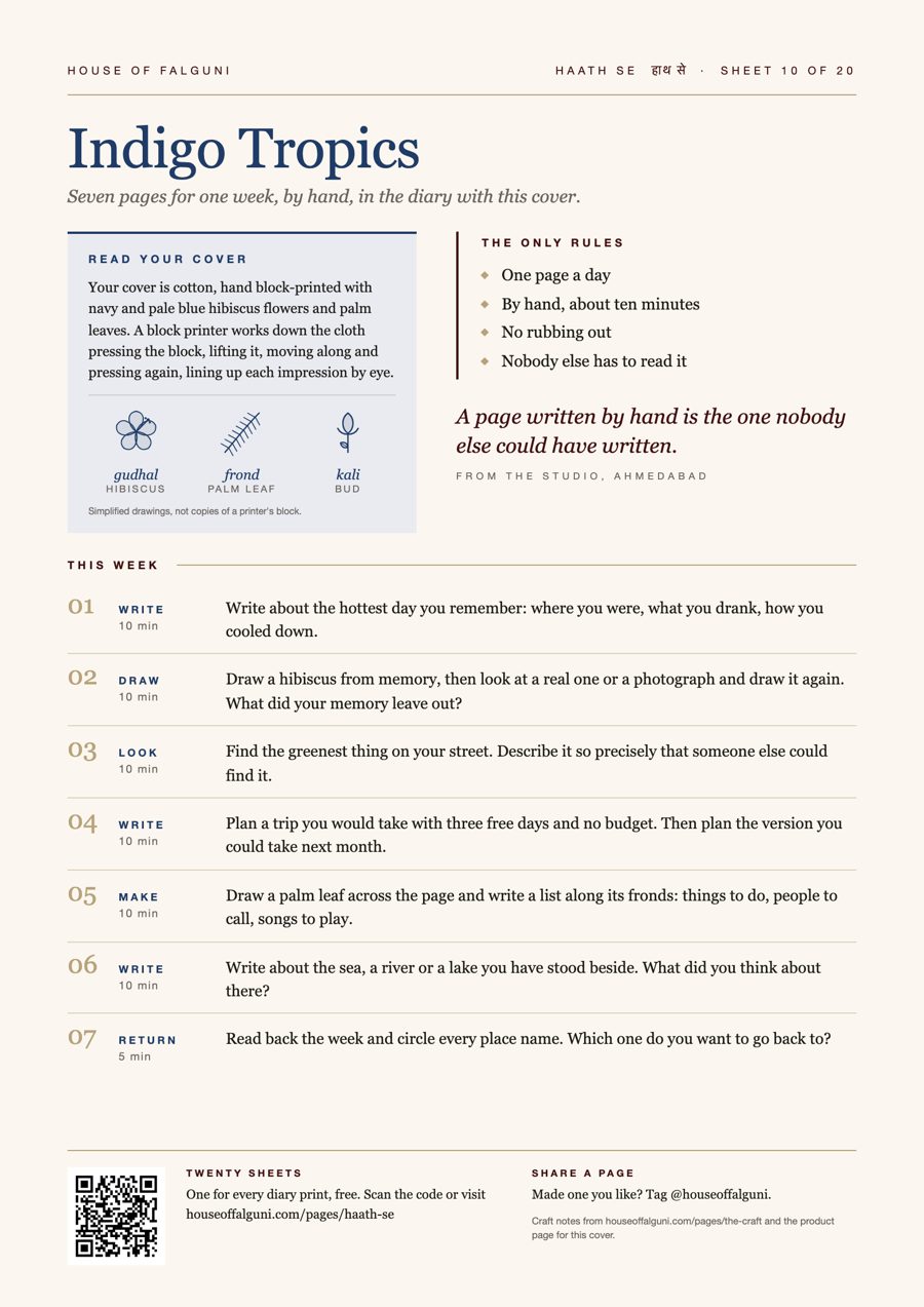 Haath Se prompt sheet 10, Indigo Tropics: seven journaling prompts for the Indigo Tropics block print diary