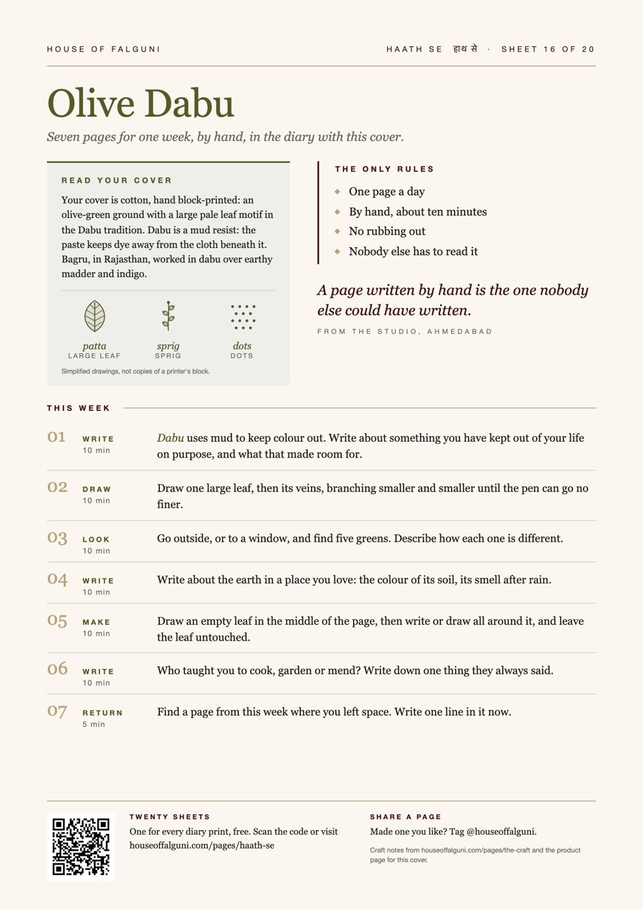 Haath Se prompt sheet 16, Olive Dabu: seven journaling prompts for the Olive Dabu block print diary