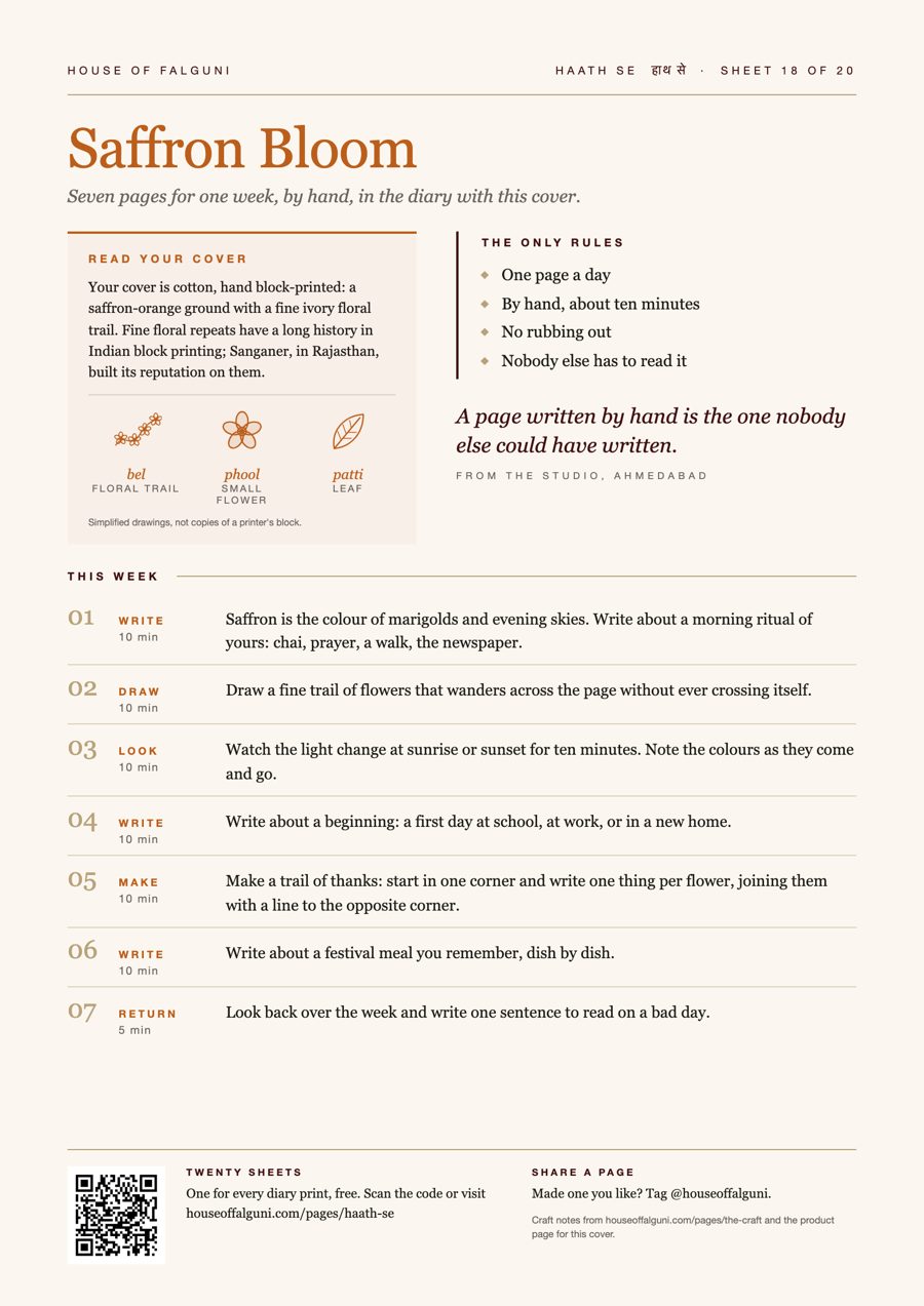 Haath Se prompt sheet 18, Saffron Bloom: seven journaling prompts for the Saffron Bloom block print diary