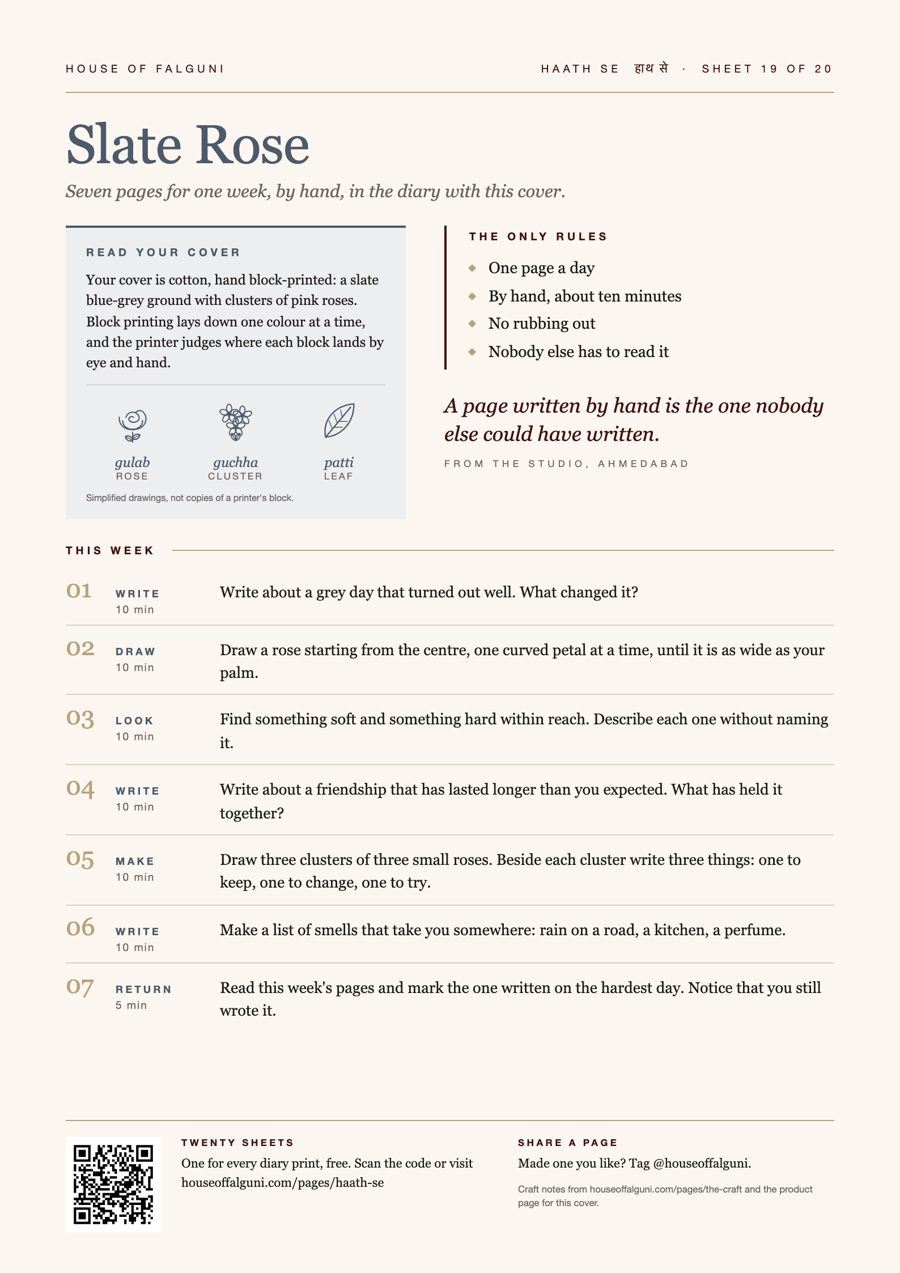 Haath Se prompt sheet 19, Slate Rose: seven journaling prompts for the Slate Rose block print diary