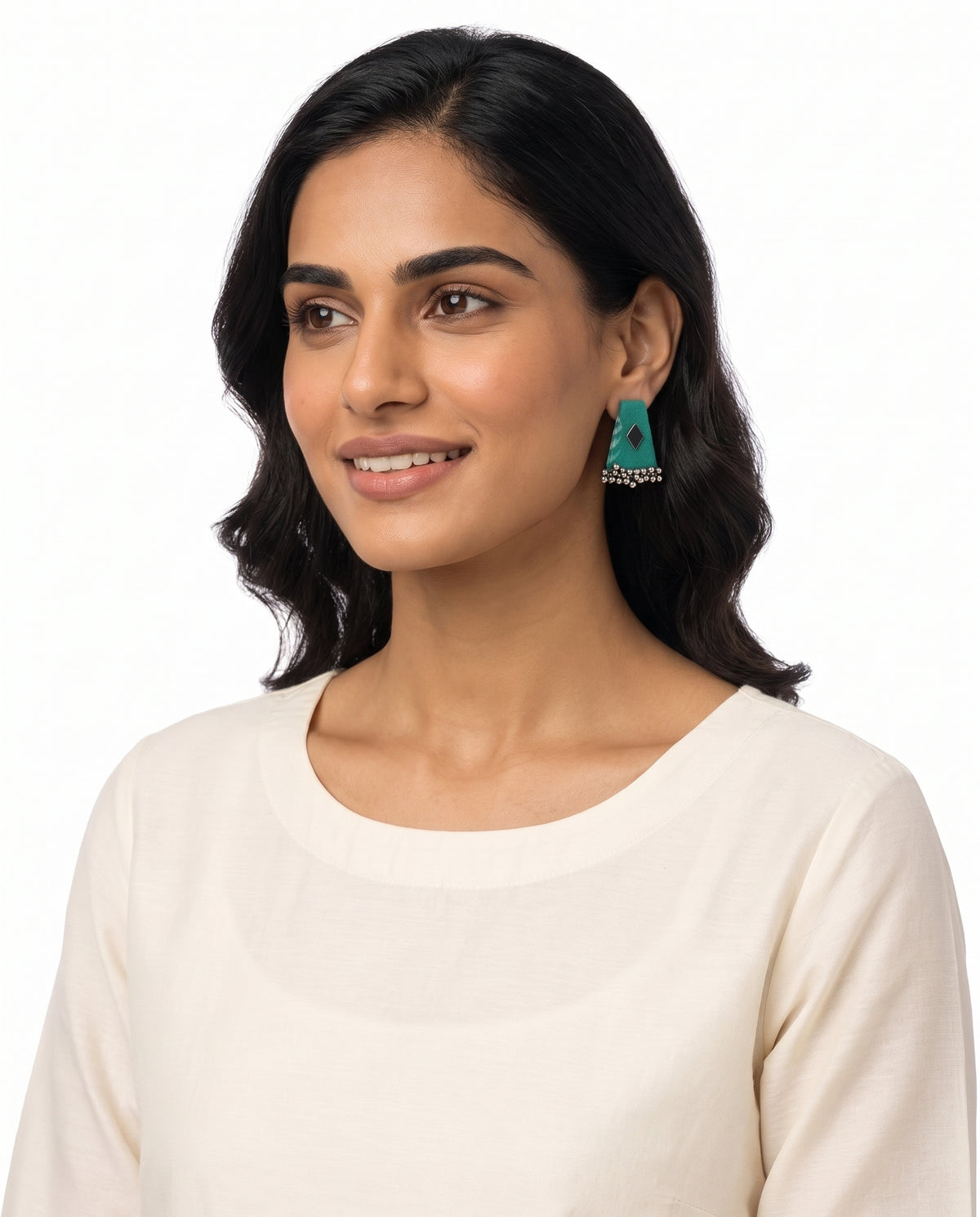 Kamal Drop Earrings styled on model (AI-generated styling image)