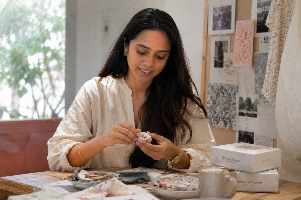 Deesha Goswami at the worktable in the House of Falguni studio in Ahmedabad, finishing a fabric piece by hand