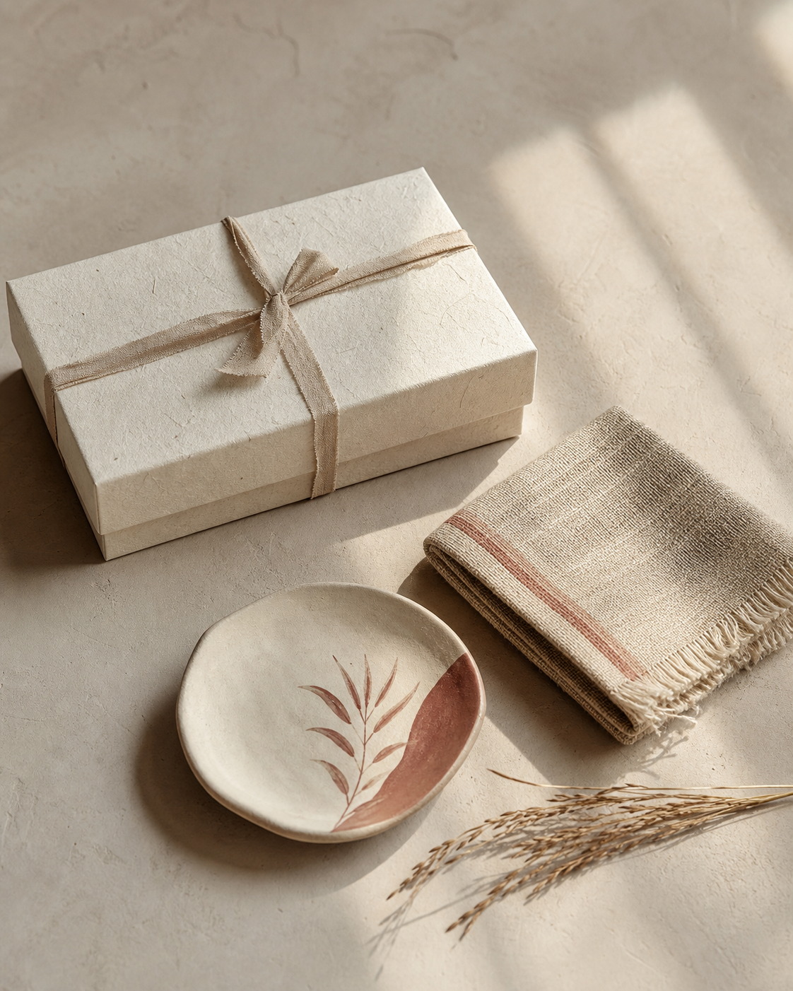 Handmade gift box, woven textile and hand-painted ceramic composed in natural light