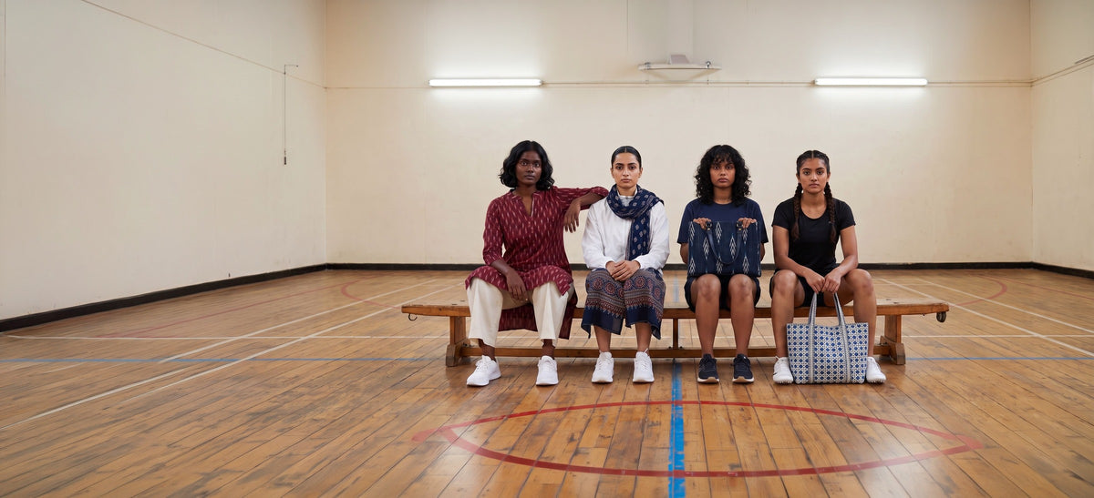 Four women seated on a wooden bench in a sports hall, in a maroon ikat kurta, a navy Ajrakh stole, and with an ikat laptop tote and a quilted tote