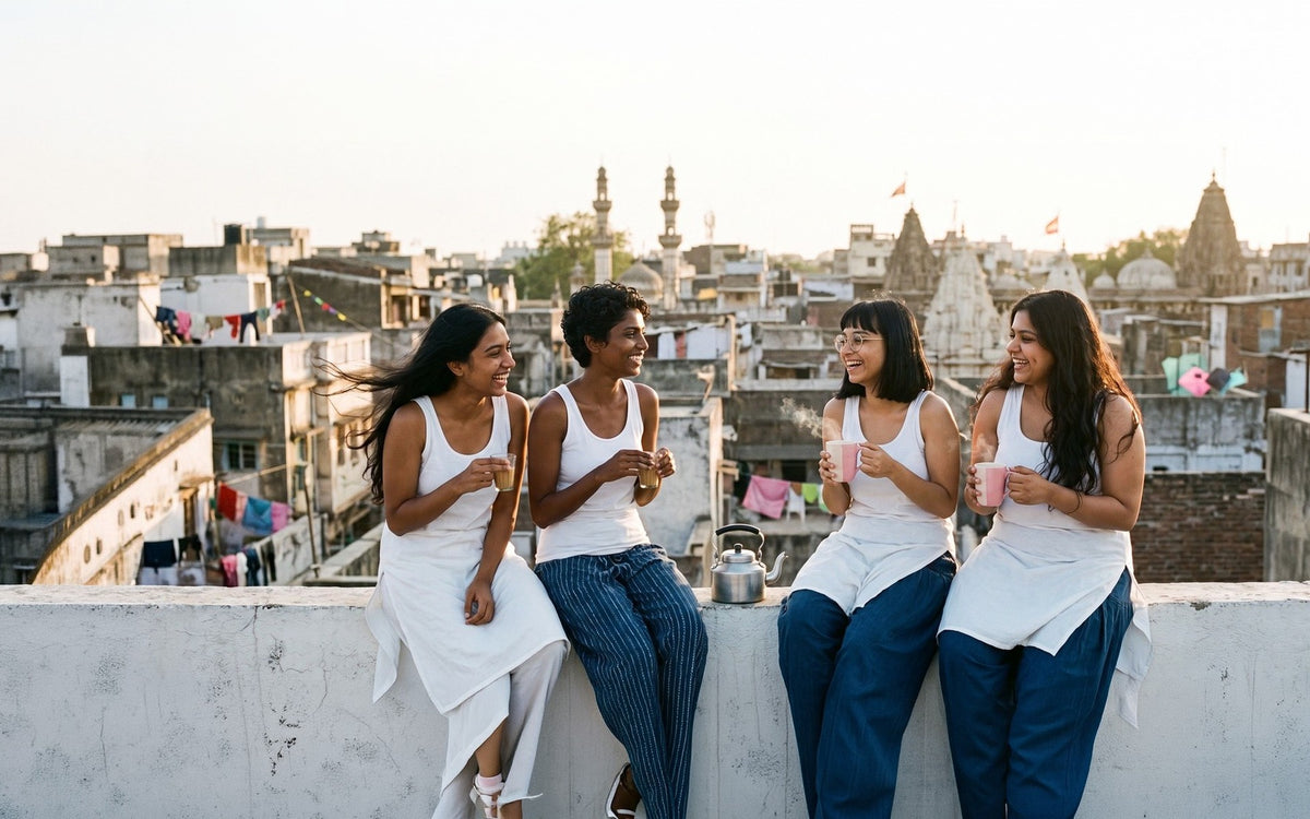 Four friends on an Ahmedabad rooftop at sunset with chai and a pair of pink striped mugs