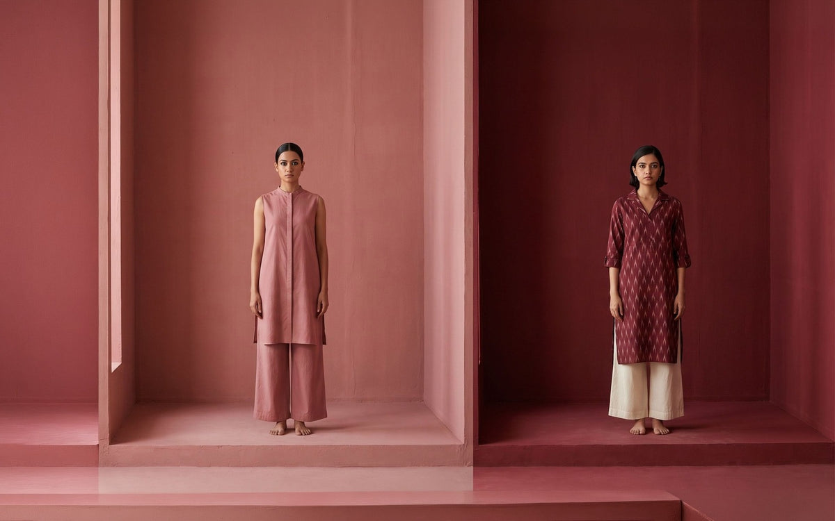Two women in antique rose and maroon painted rooms