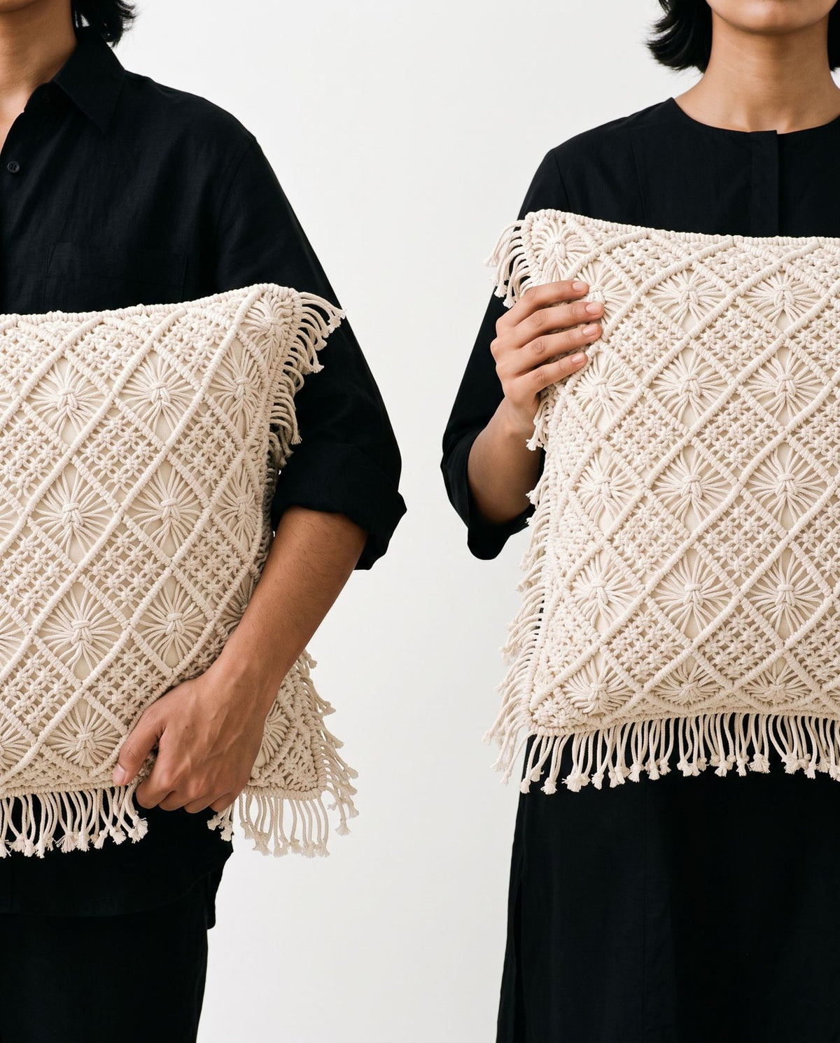 Chandni Macramé Cushion Covers, Set of 2, Hand-Knotted Ivory Throw Pillow Covers (16x16)