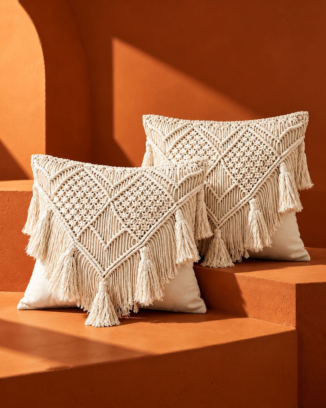 Jaali Tufted Cushion Covers, Set of 2, Ivory Geometric Throw Pillow Covers (16x16)