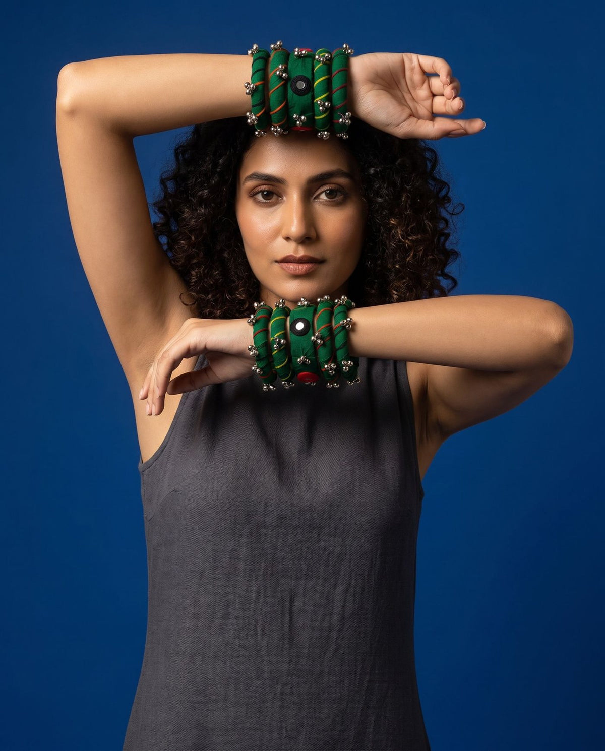 Rangriti Green Mirror Work Bangles with Ghungroo, Kada Set of 5
