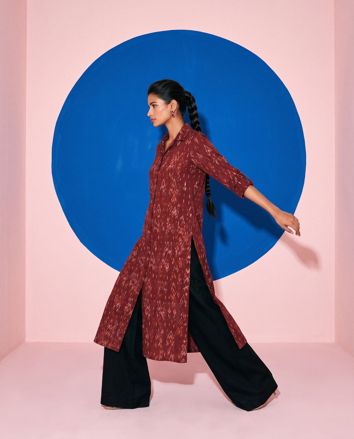 Ruby Raga Maroon Kurta with Ikat Collar