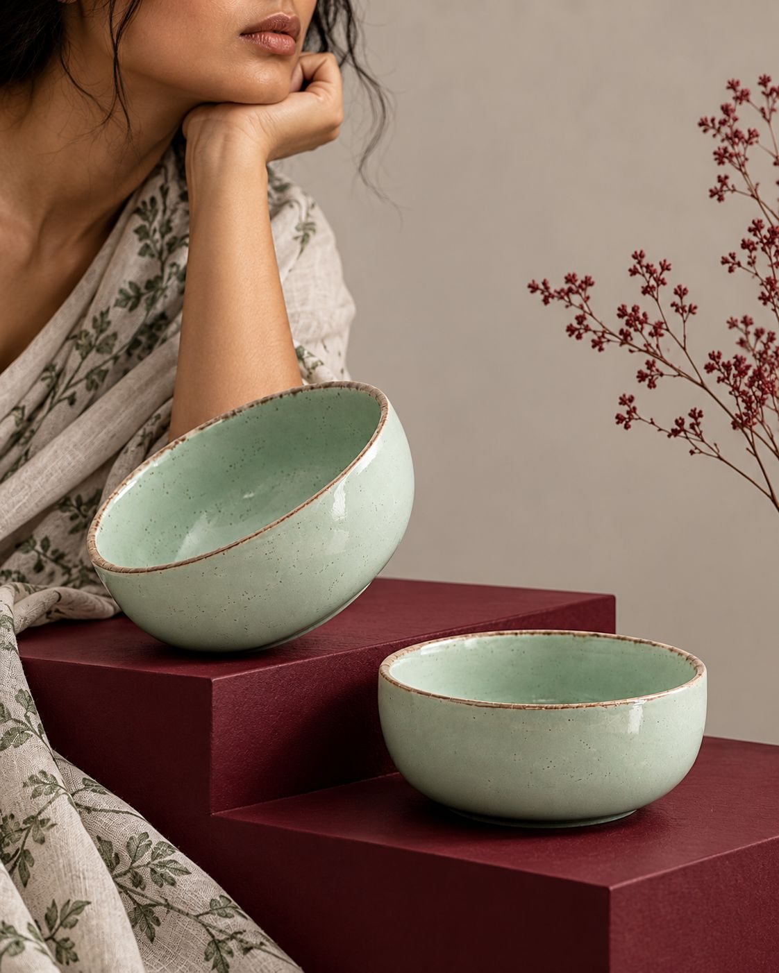 Tulsi Green Ceramic Serving Bowls, Reactive Glaze Katori (Set of 2)