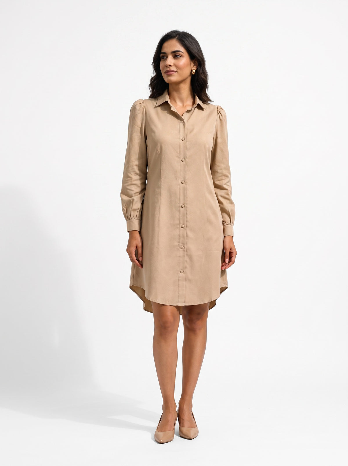 Beige Ibrik shirt dress styled on model (AI-generated styling image)