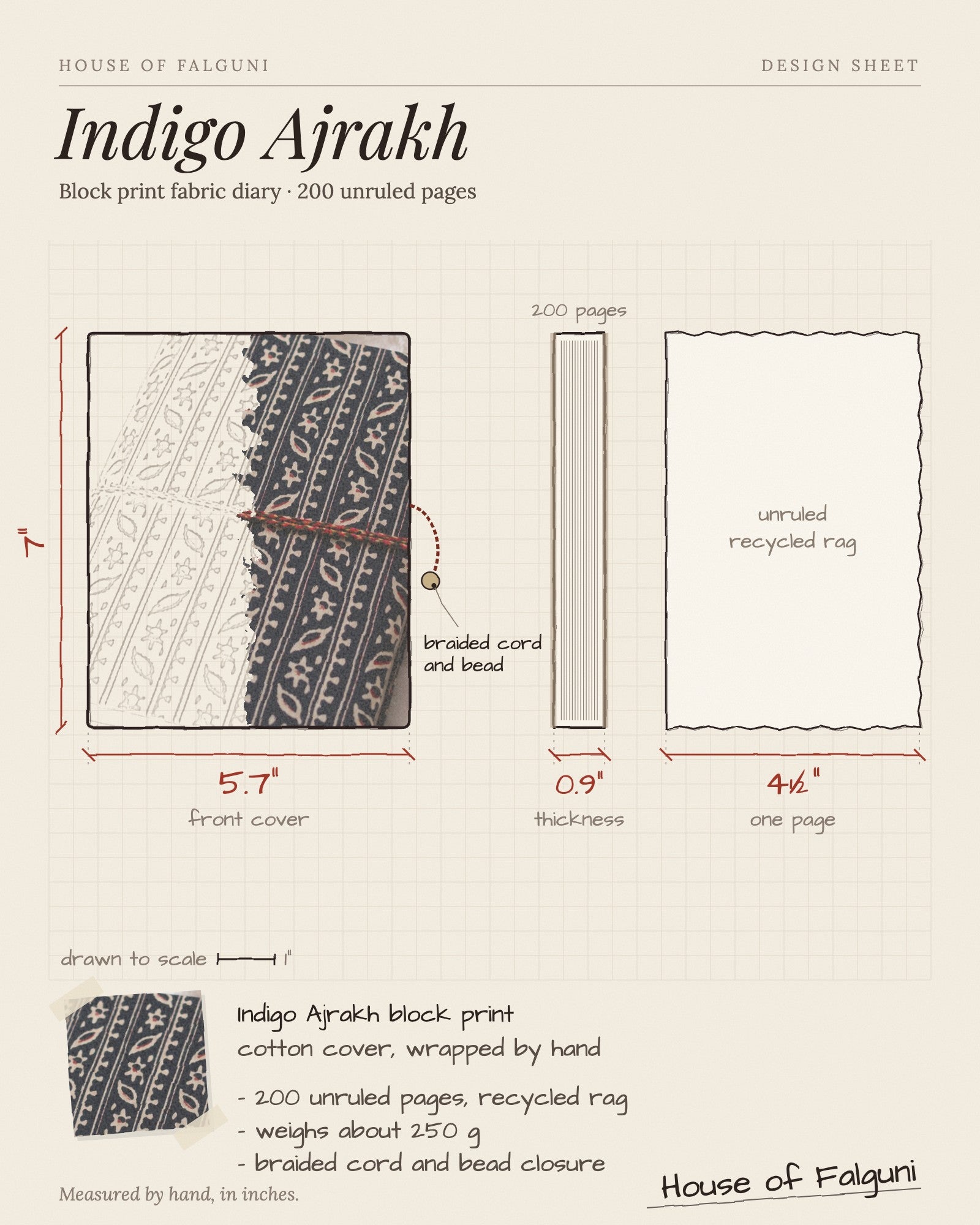 Size sketch of the Indigo Ajrakh Block Print Fabric Diary, 200 Unruled Pages, drawn to scale in inches: 5.7 × 7 in, 0.9 in thick, 200 pages, 250 g. House of Falguni design sheet.