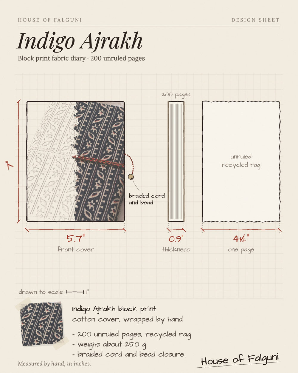 Size sketch of the Indigo Ajrakh Block Print Fabric Diary, 200 Unruled Pages, drawn to scale in inches: 5.7 × 7 in, 0.9 in thick, 200 pages, 250 g. House of Falguni design sheet.