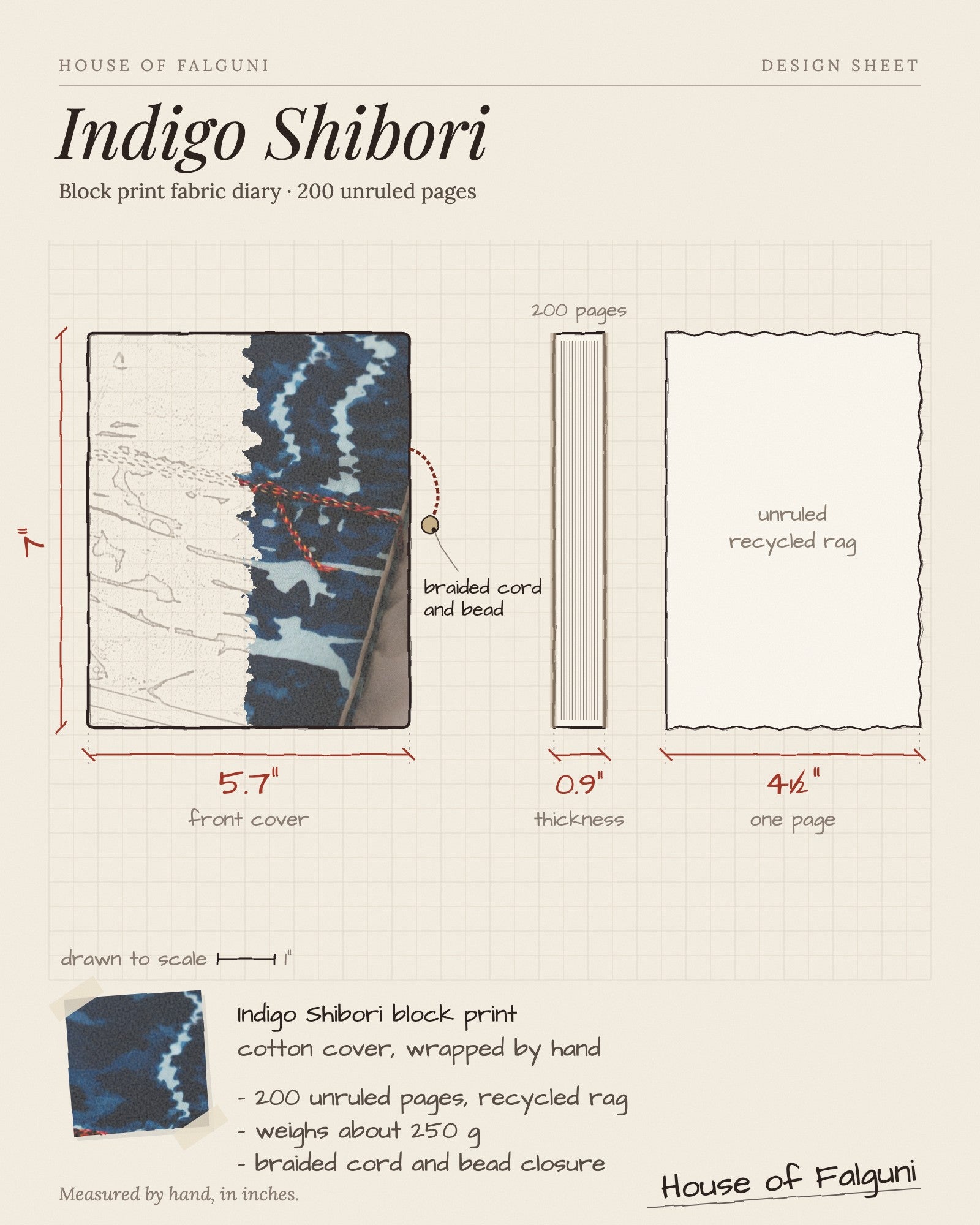Size sketch of the Indigo Shibori Block Print Fabric Diary, 200 Unruled Pages, drawn to scale in inches: 5.7 × 7 in, 0.9 in thick, 200 pages, 250 g. House of Falguni design sheet.
