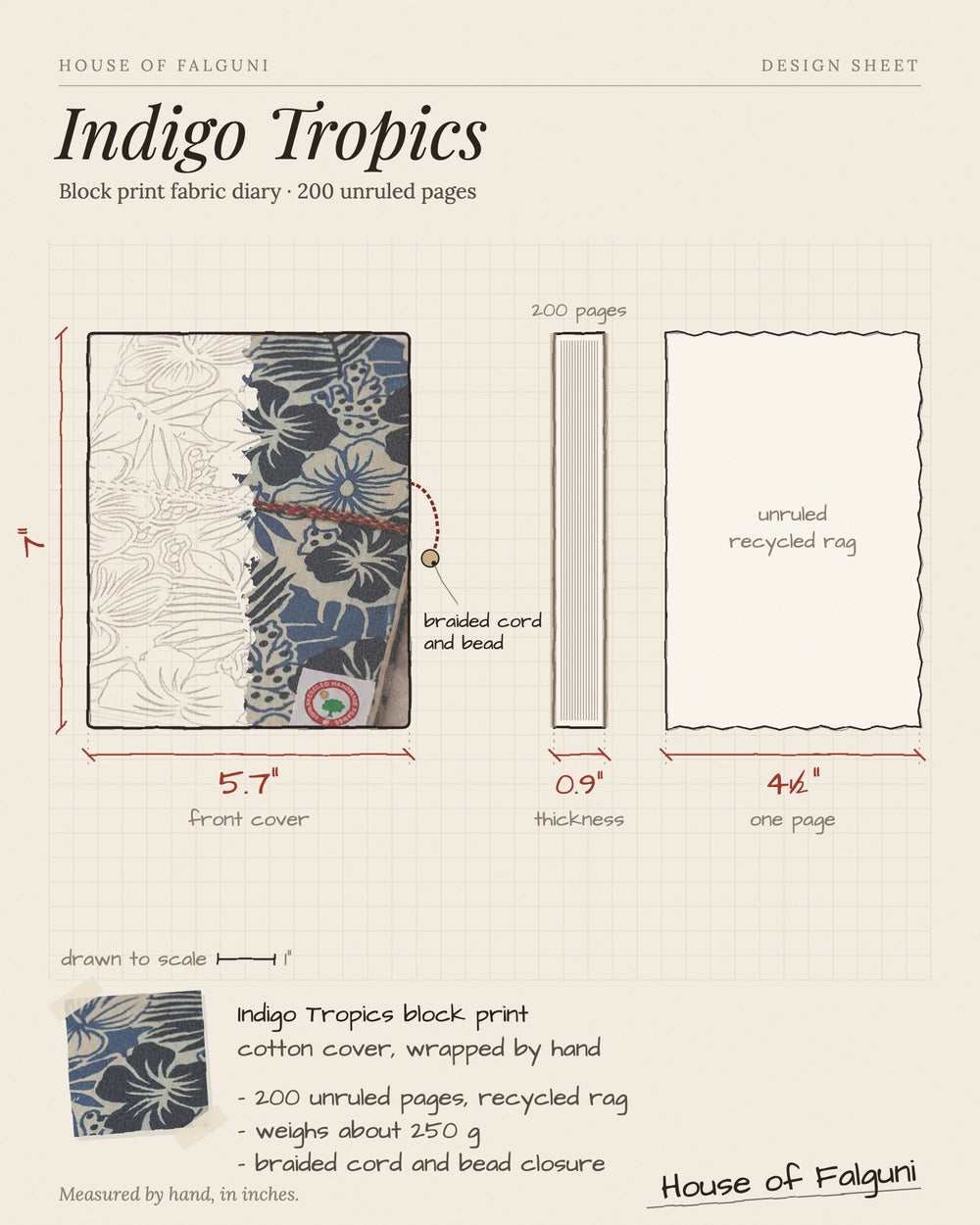 Size sketch of the Indigo Tropics Block Print Fabric Diary, 200 Unruled Pages, drawn to scale in inches: 5.7 × 7 in, 0.9 in thick, 200 pages, 250 g. House of Falguni design sheet.