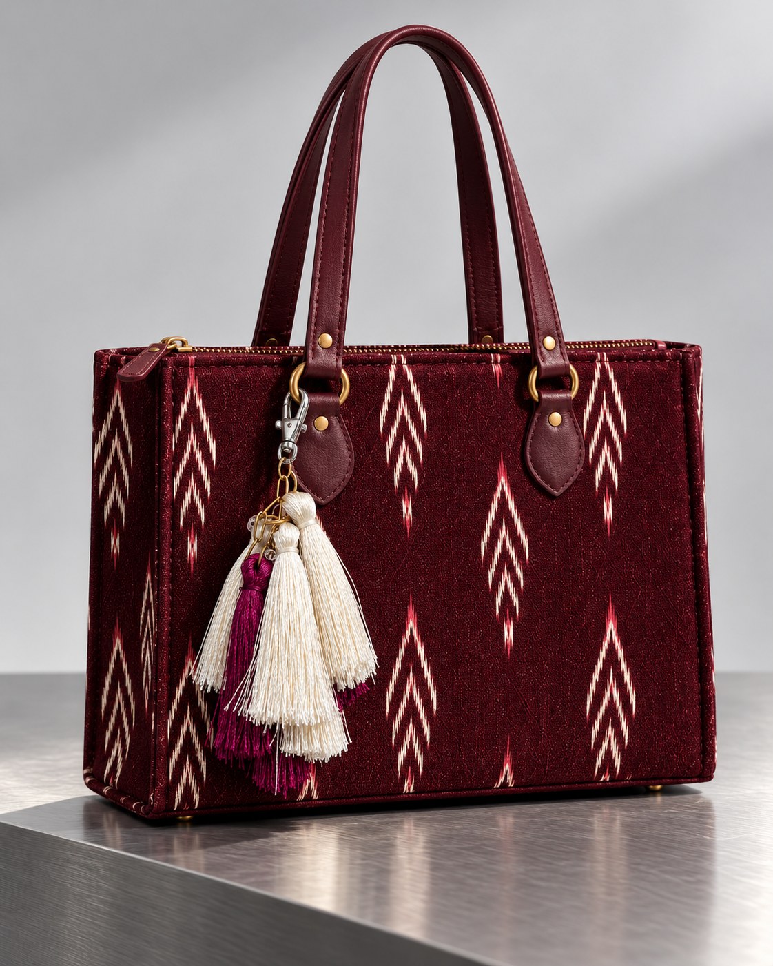 Gulal silk tassel charm clipped to the Ruby Ikat Red Laptop Tote Bag