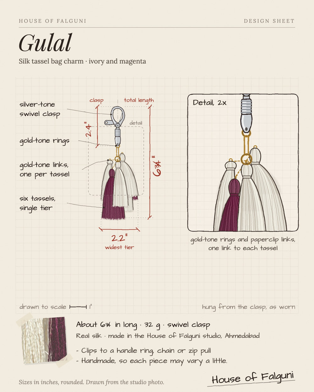 Size sketch of the Gulal silk tassel bag charm: about 6¾ inches long, 32 g, silver-tone swivel clasp
