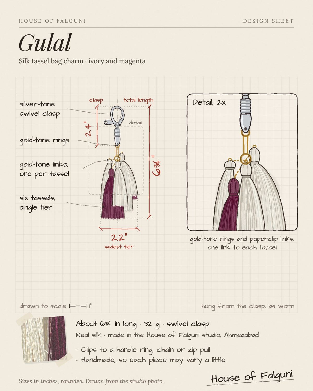 Size sketch of the Gulal silk tassel bag charm: about 6¾ inches long, 32 g, silver-tone swivel clasp