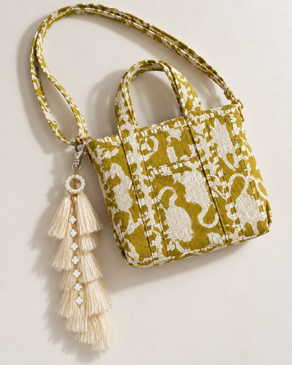 Motiya silk tassel charm clipped to the Matsya Mini Quilted Cotton Tote