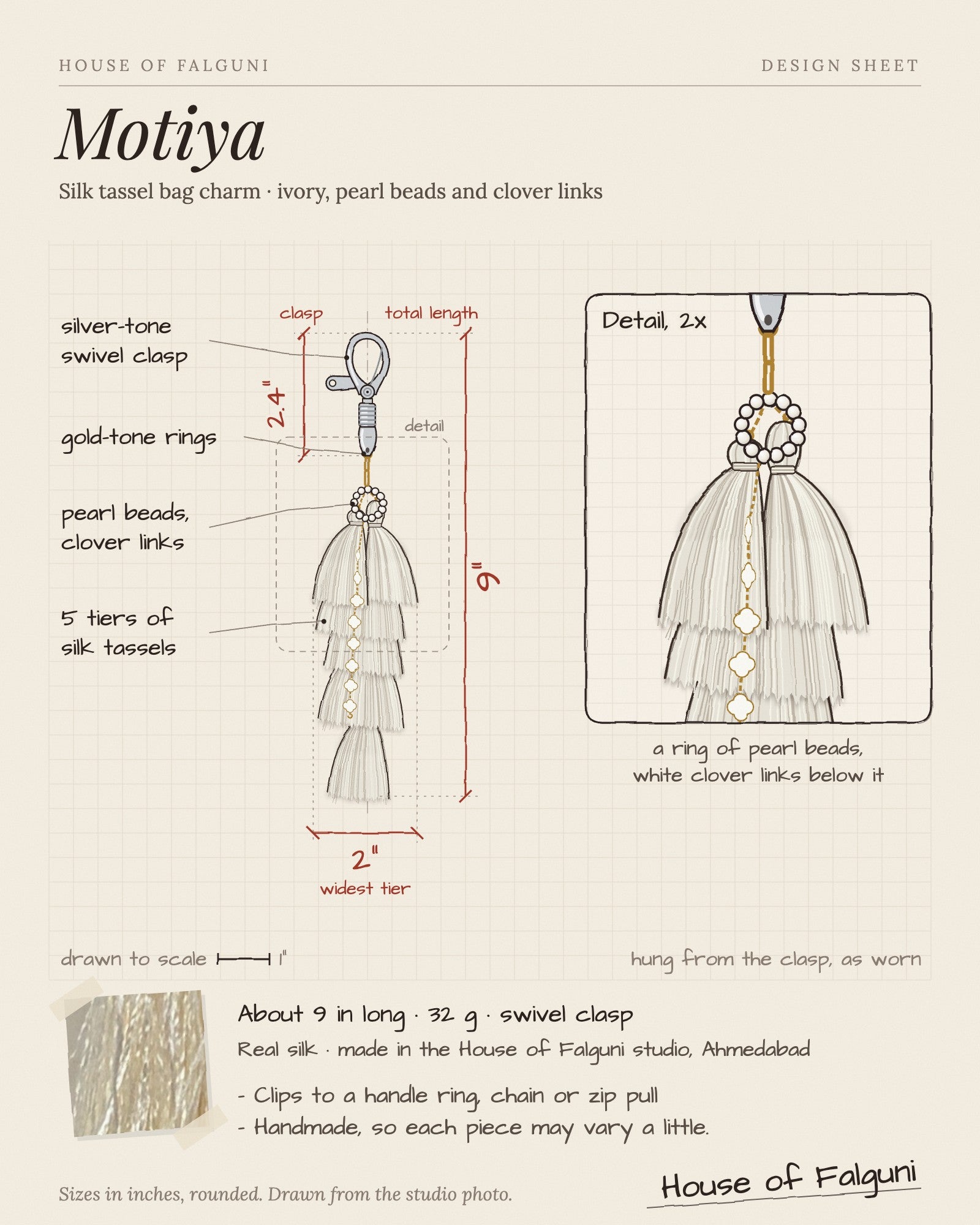 Size sketch of the Motiya silk tassel bag charm: about 9 inches long, 32 g, silver-tone swivel clasp