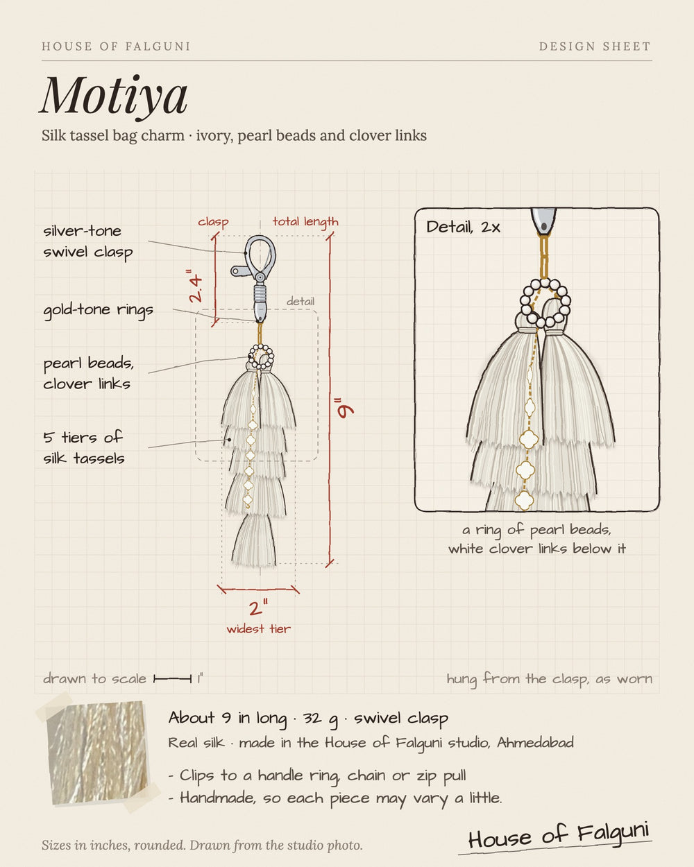 Size sketch of the Motiya silk tassel bag charm: about 9 inches long, 32 g, silver-tone swivel clasp