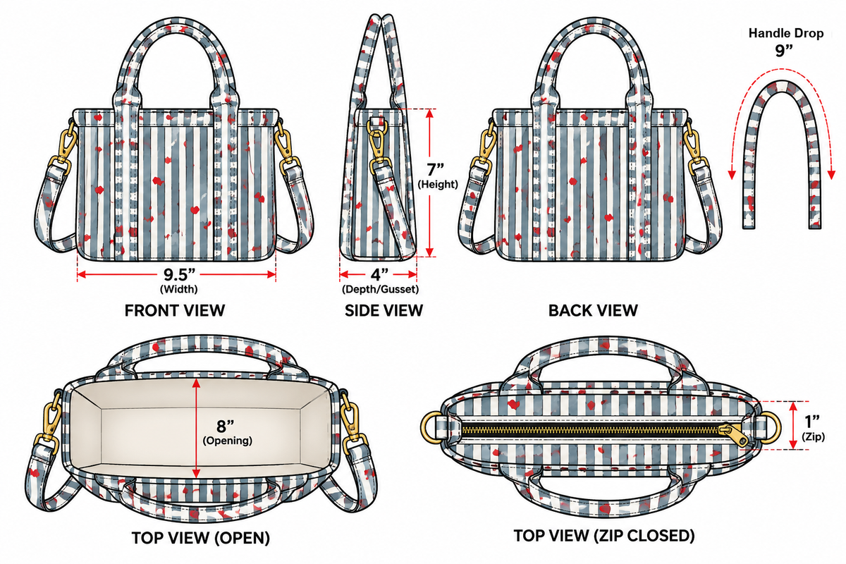 Jal quilted mini tote size chart: 9.5 in wide, 7 in tall, 4 in deep, opens to 8 in, 1 in zip, 9 in handle drop