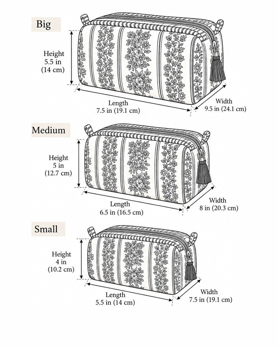 Jharna quilted makeup pouch set, size chart for the three nesting pouc