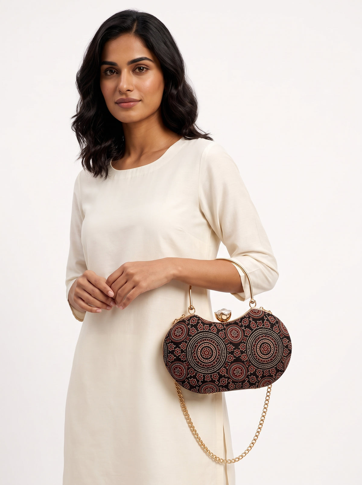 Kaali Adaa Mashru Silk Handbag styled on model (AI-generated styling image)