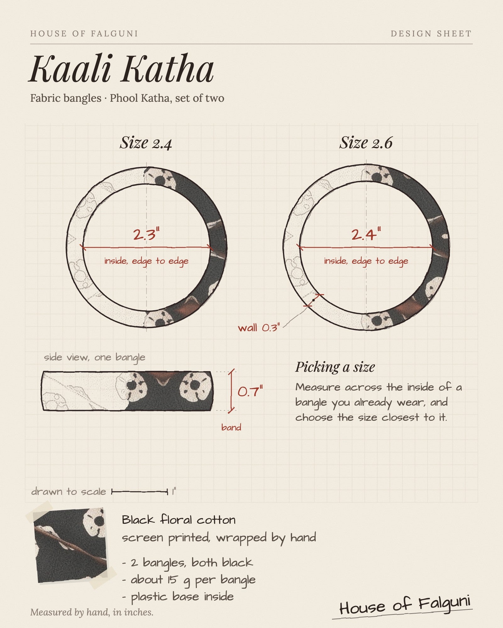 Size sketch of the Kaali Katha Black and White Floral Fabric Bangles, Set of 2, drawn to scale in inches: Size 2.4 = 2.3 in inside, Size 2.6 = 2.4 in inside. House of Falguni design sheet.