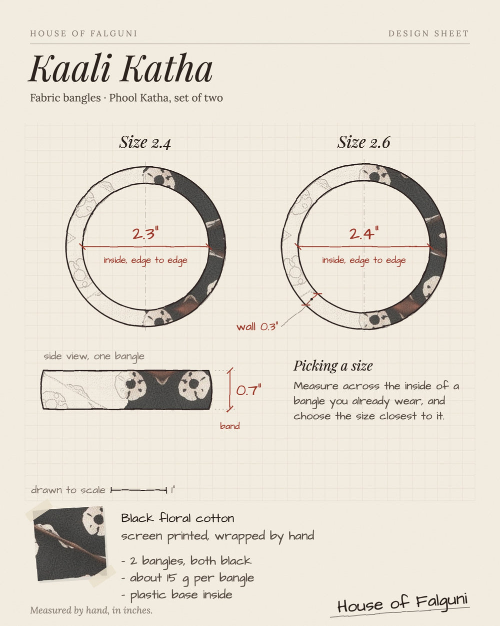 Size sketch of the Kaali Katha Black and White Floral Fabric Bangles, Set of 2, drawn to scale in inches: Size 2.4 = 2.3 in inside, Size 2.6 = 2.4 in inside. House of Falguni design sheet.