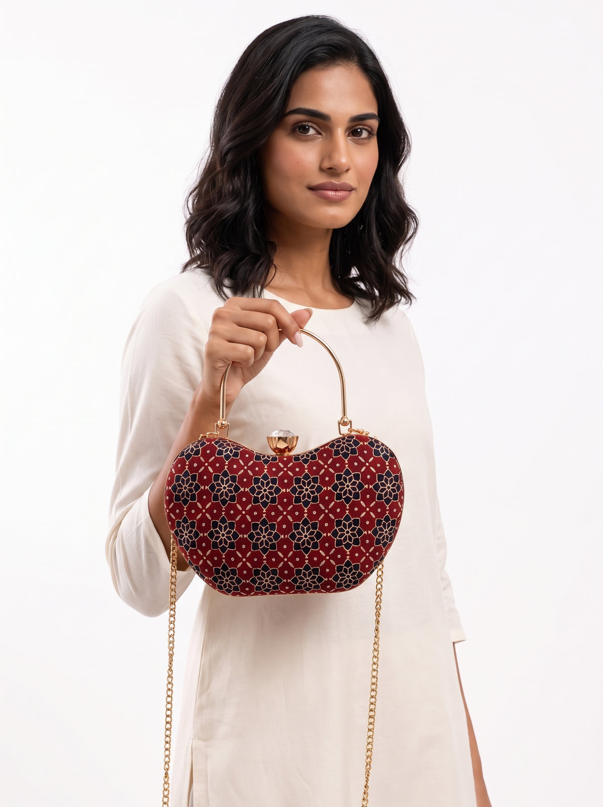 Laal Noor Mashru Silk Handbag styled on model (AI-generated styling image)