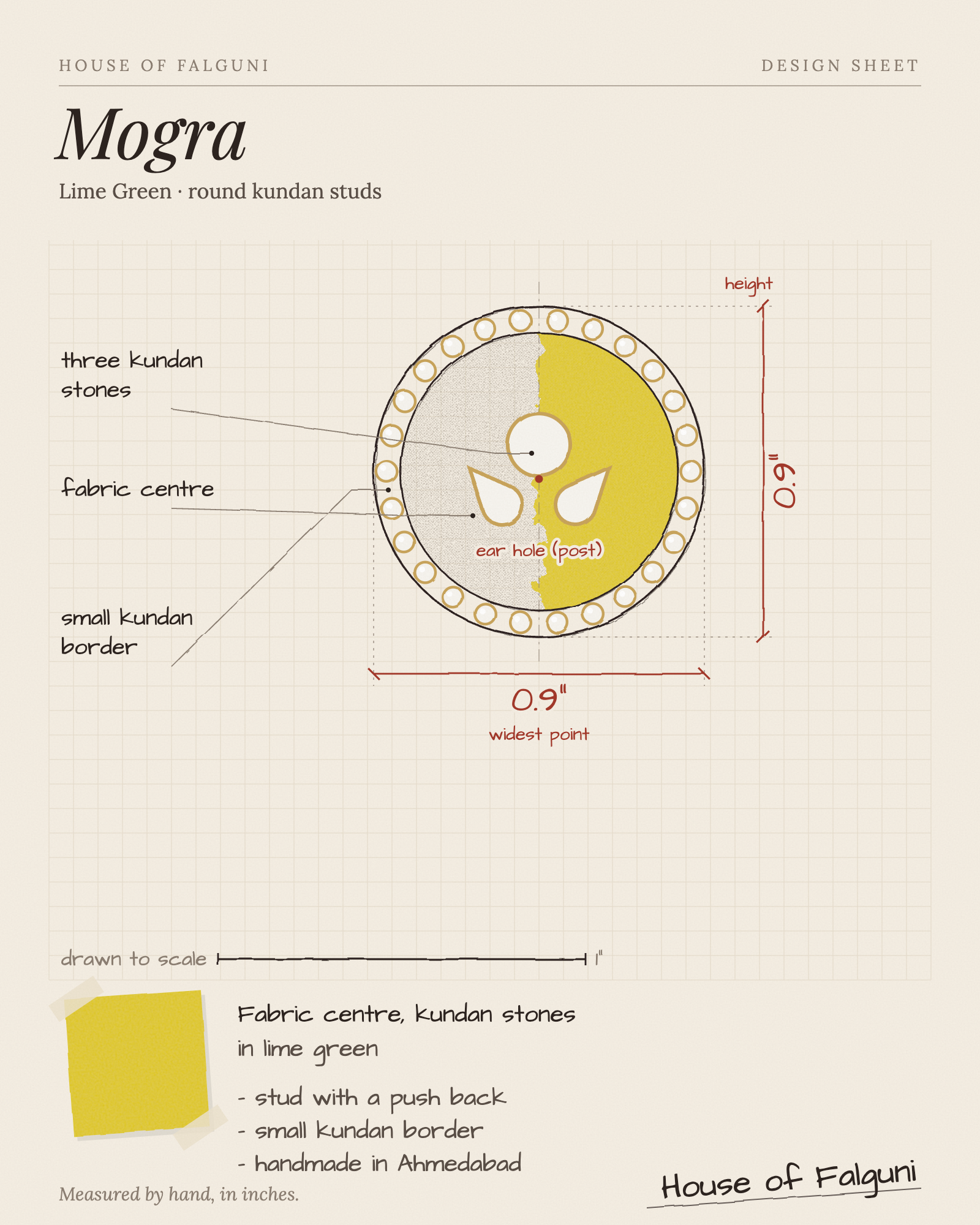 Size sketch of the Mogra Lime Green Round Kundan Studs, drawn to scale in inches: 0.9 in across, three kundan stones and a small kundan border. House of Falguni design sheet.