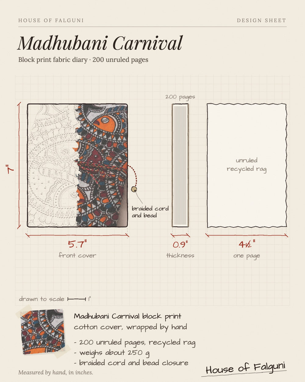 Size sketch of the Madhubani Carnival Block Print Fabric Diary, 200 Unruled Pages, drawn to scale in inches: 5.7 × 7 in, 0.9 in thick, 200 pages, 250 g. House of Falguni design sheet.
