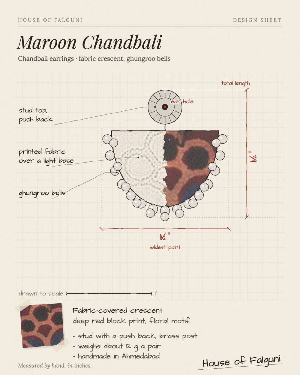 Size sketch of the Maroon Chandbali Earrings with Ghungroo, drawn to scale in inches: 1½ in long × 1½ in across, 12 g a pair. House of Falguni design sheet.