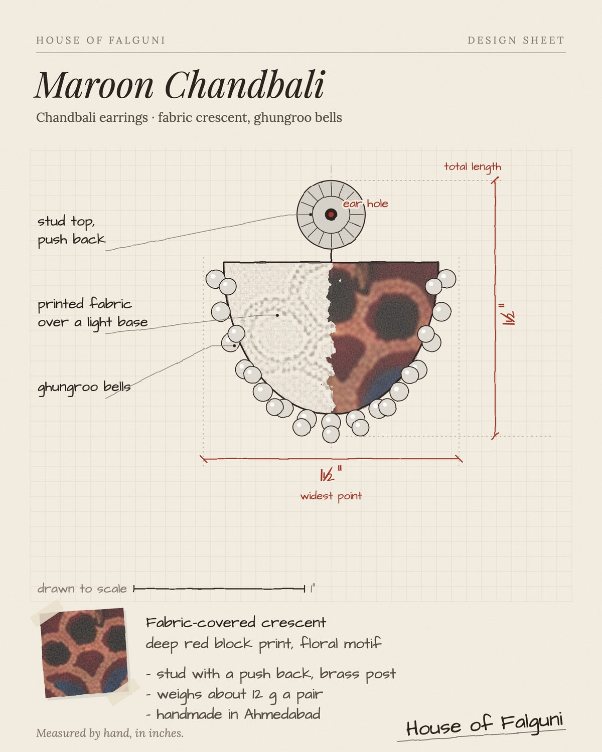 Size sketch of the Maroon Chandbali Earrings with Ghungroo, drawn to scale in inches: 1½ in long × 1½ in across, 12 g a pair. House of Falguni design sheet.
