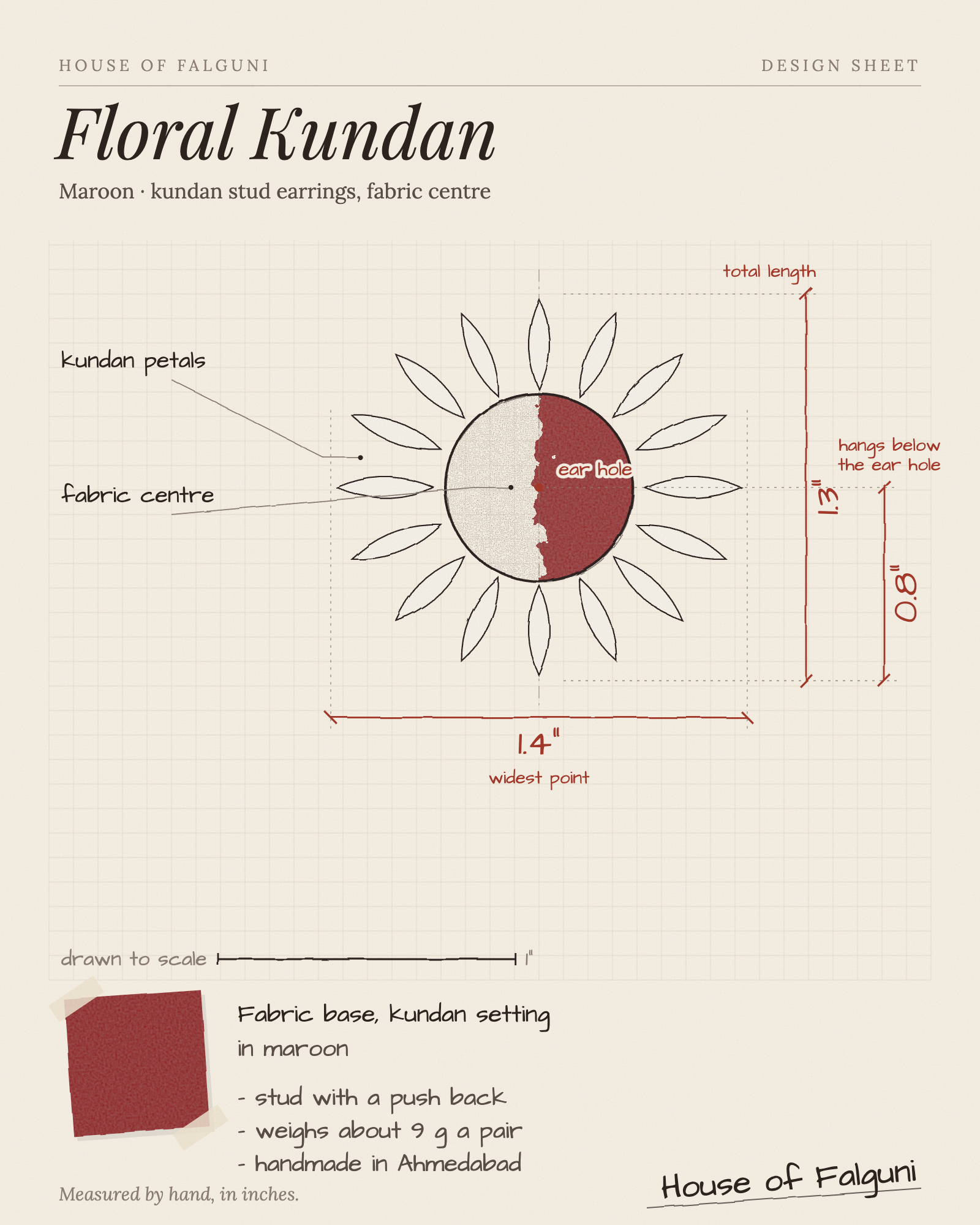 Size sketch of the Maroon Floral Kundan Earrings, drawn to scale in inches: 1.3 in long × 1.4 in across, hangs 0.8 in, kundan petals around a maroon fabric centre. House of Falguni design sheet.