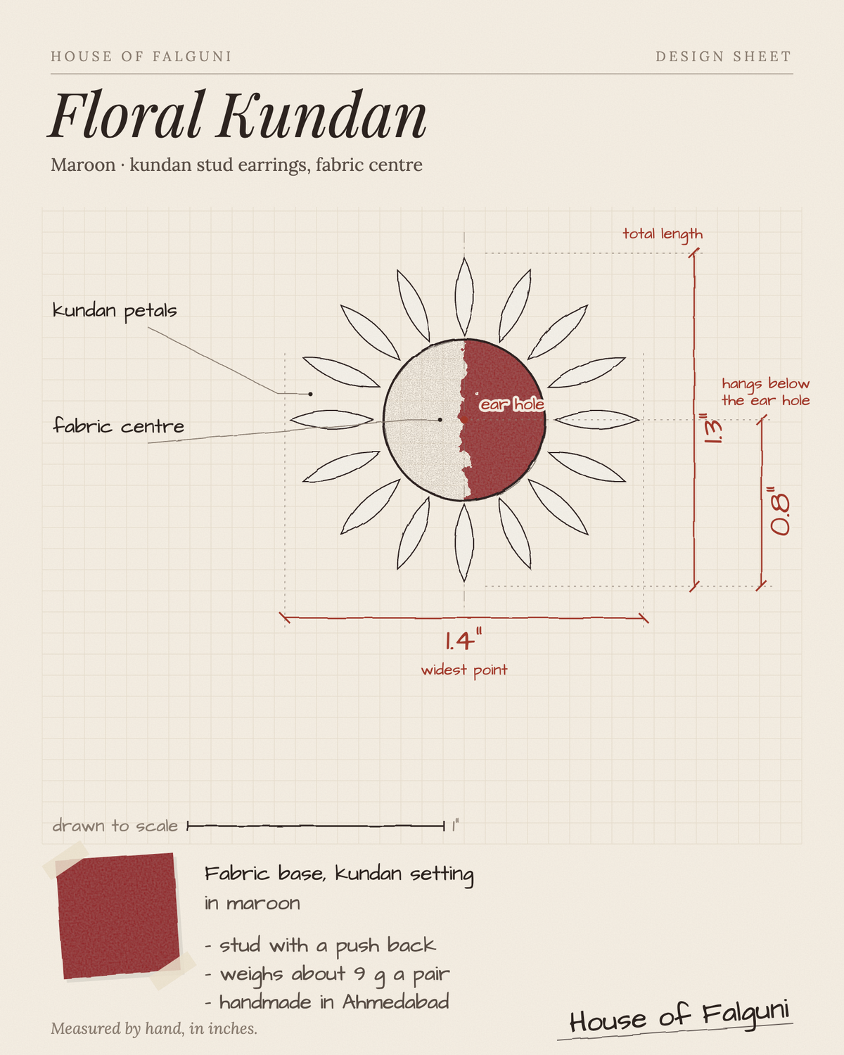 Size sketch of the Maroon Floral Kundan Earrings, drawn to scale in inches: 1.3 in long × 1.4 in across, hangs 0.8 in, kundan petals around a maroon fabric centre. House of Falguni design sheet.