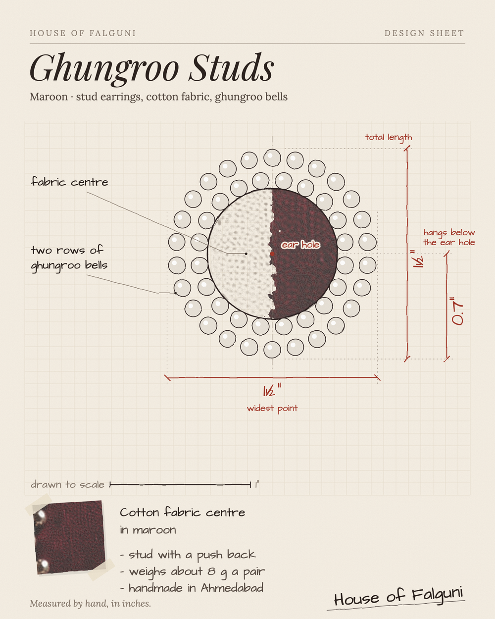 Size sketch of the Maroon Ghungroo Stud Earrings, drawn to scale in inches: 1½ in long × 1½ in across, hangs 0.7 in, 8 g a pair. House of Falguni design sheet.