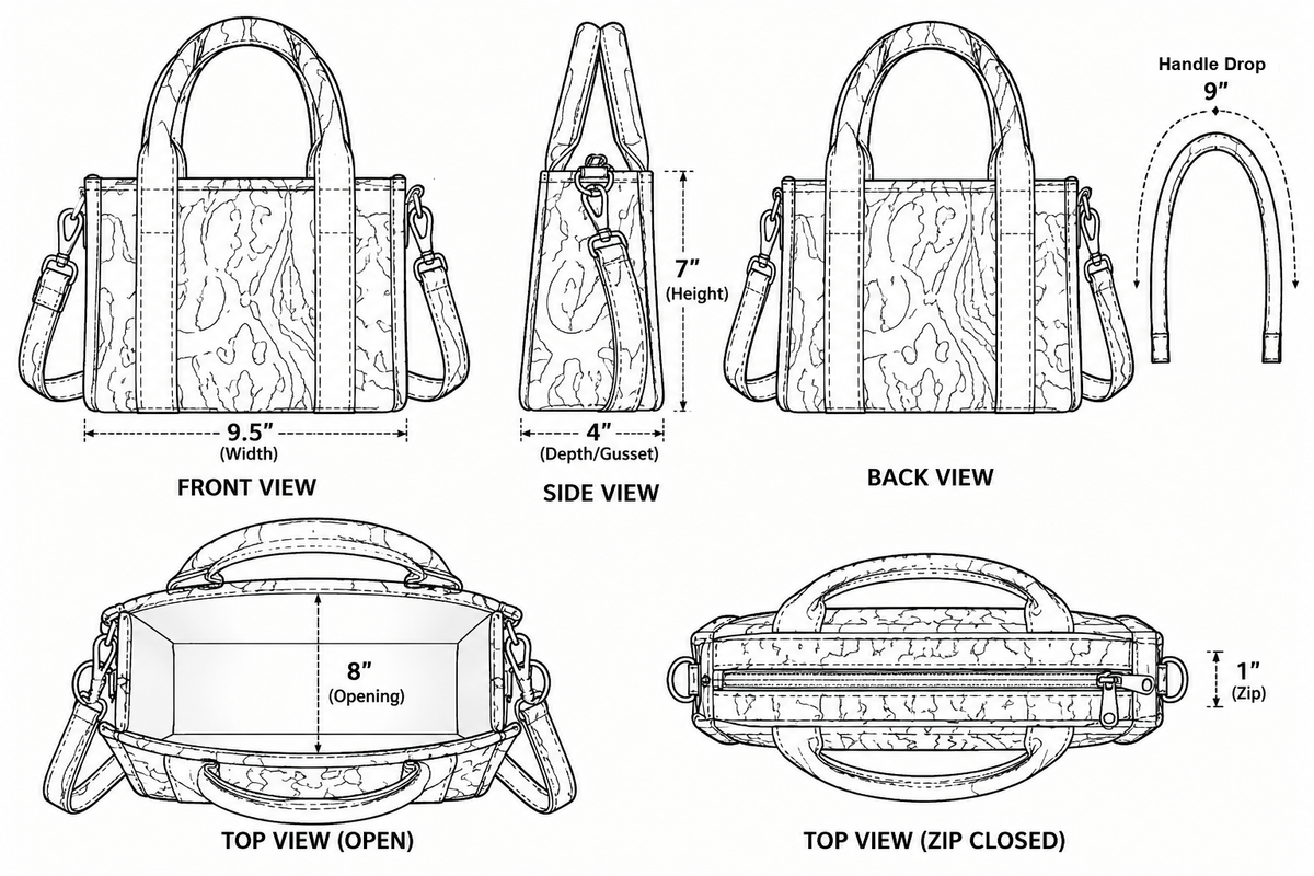 Matsya quilted mini tote size chart: 9.5 in wide, 7 in tall, 4 in deep, opens to 8 in, 1 in zip, 9 in handle drop