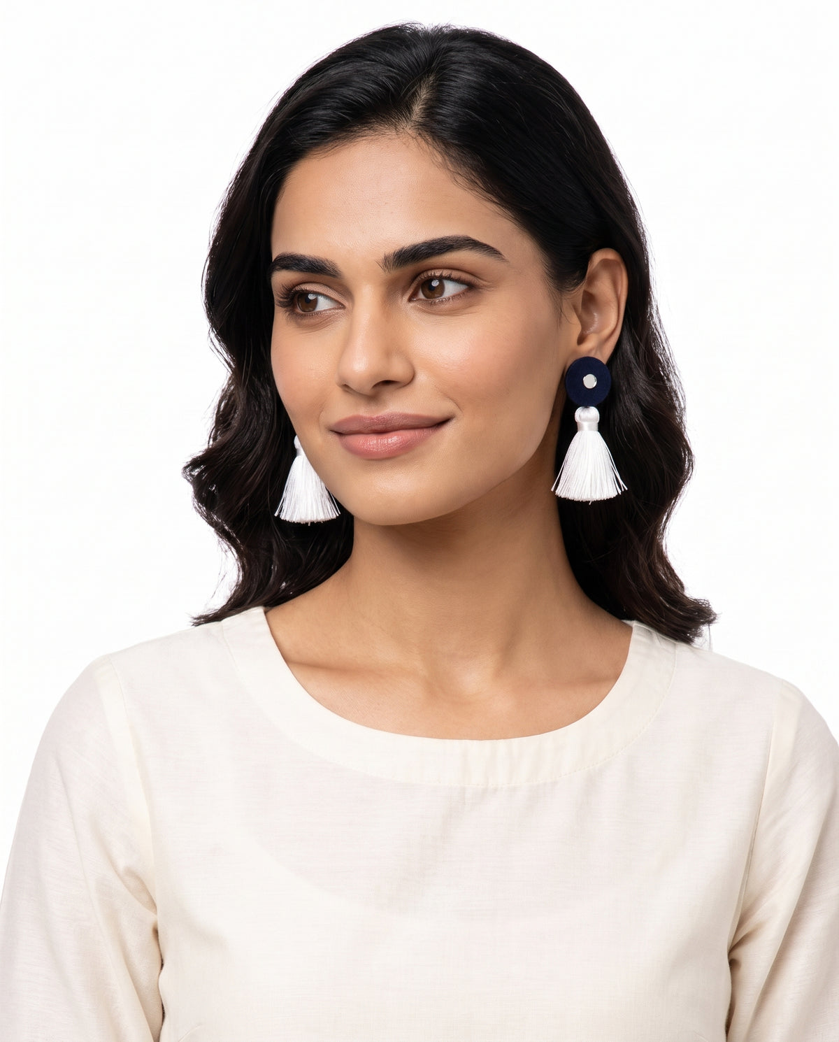 Navy Tassel Mirror Work Earrings styled on model (AI-generated styling image)