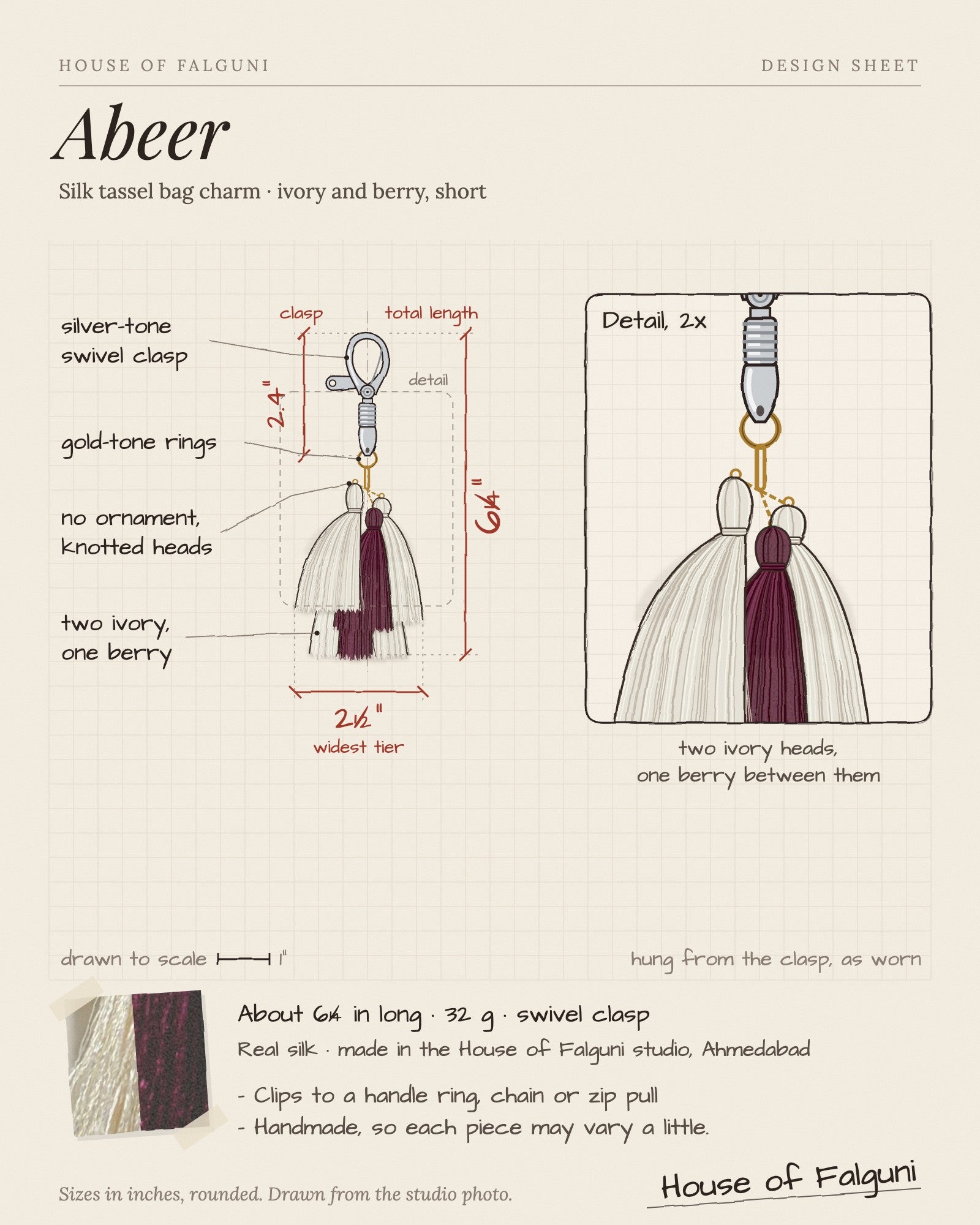 Size sketch of the Abeer silk tassel bag charm: about 6¼ inches long, 32 g, silver-tone swivel clasp