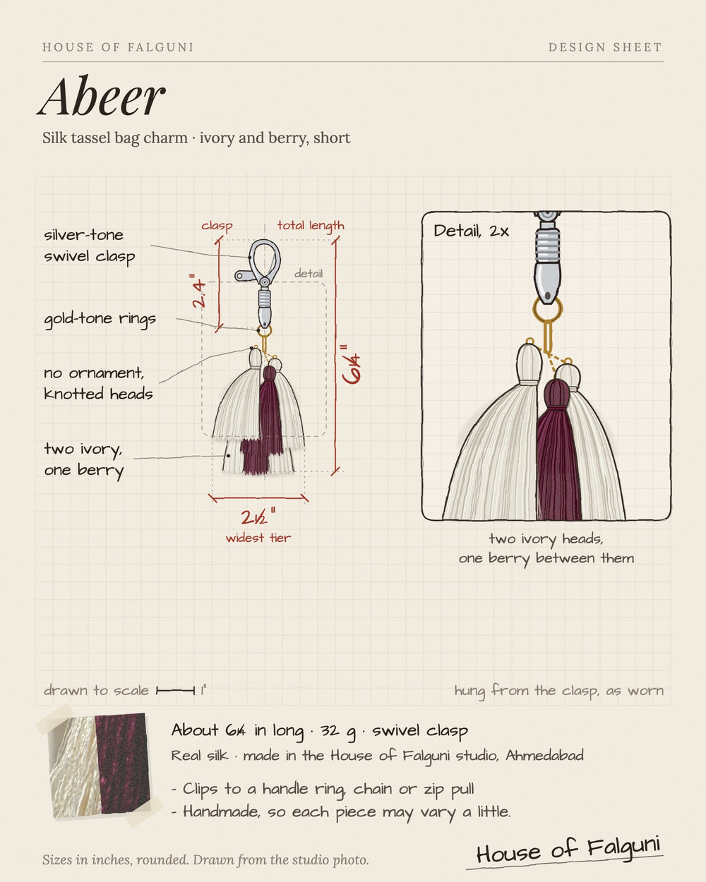 Size sketch of the Abeer silk tassel bag charm: about 6¼ inches long, 32 g, silver-tone swivel clasp