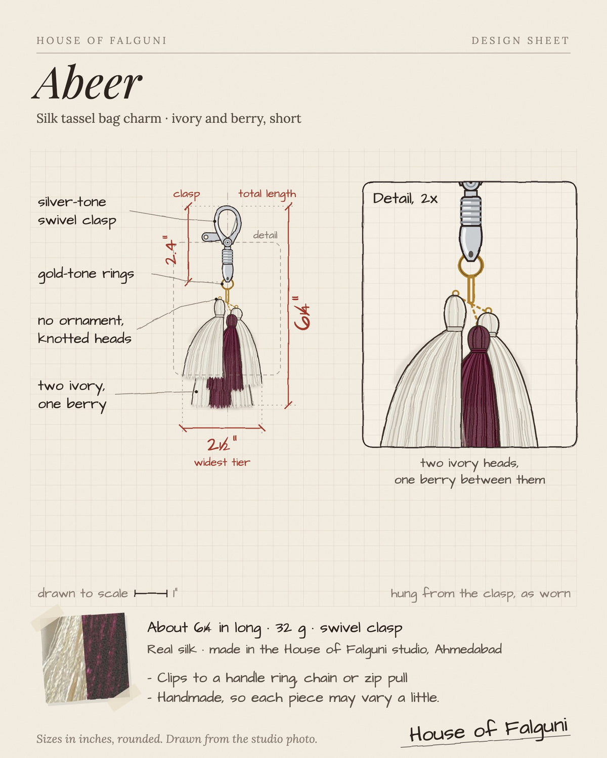 Size sketch of the Abeer silk tassel bag charm: about 6¼ inches long, 32 g, silver-tone swivel clasp