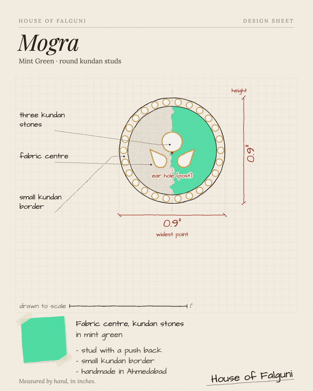 Size sketch of the Mogra Mint Green Round Kundan Studs, drawn to scale in inches: 0.9 in across, three kundan stones and a small kundan border. House of Falguni design sheet.