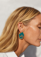 Mogra Firozi Pentagon Kundan Studs close to the ear with a white shirt: three kundan stones on turquoise blue fabric, edged with small kundan