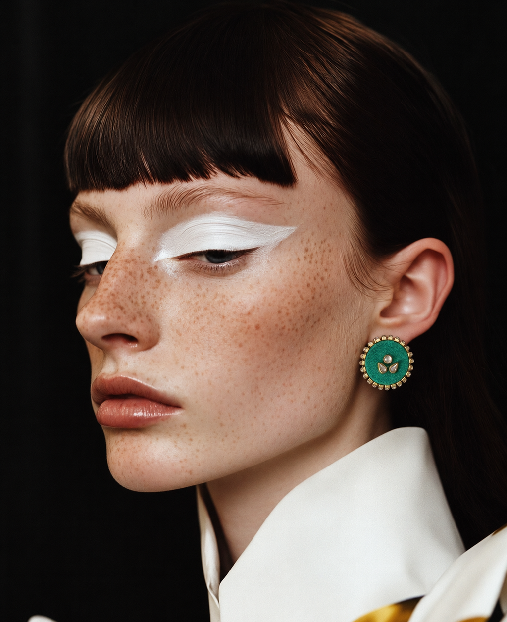 Close-up of the Mogra mint green kundan stud with bold white eye make-up and a white collar