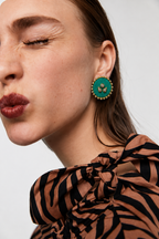 Mogra Mint Green Round Kundan Stud worn with a striped bow top: a mint green fabric centre with three kundan stones and a border of small kundan