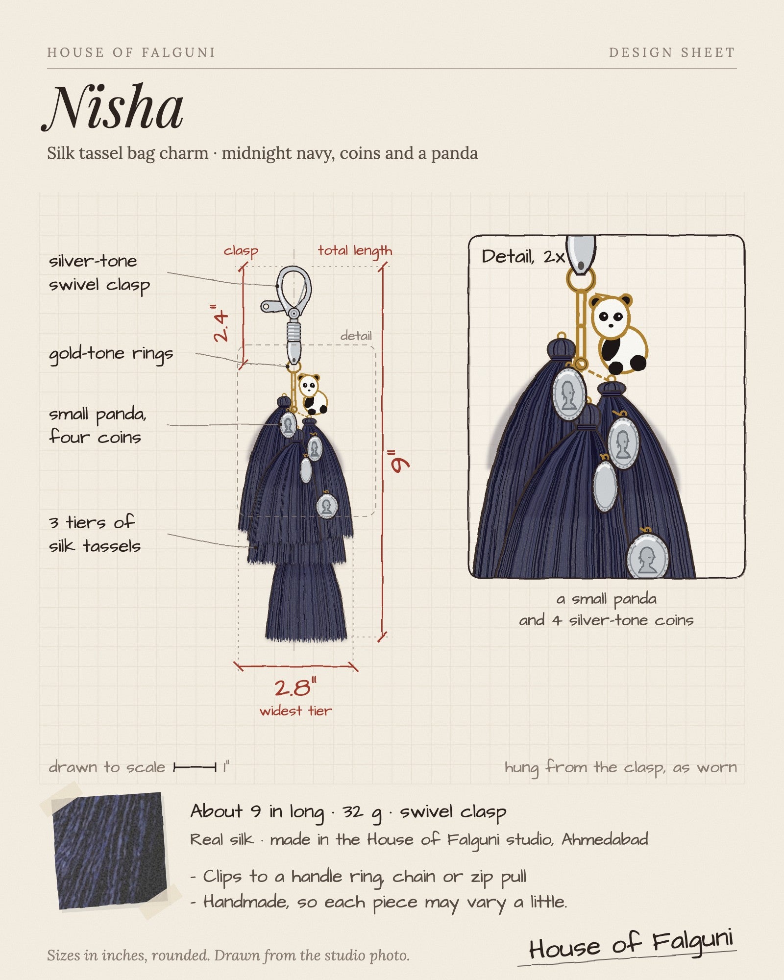 Size sketch of the Nisha silk tassel bag charm: about 9 inches long, 32 g, silver-tone swivel clasp